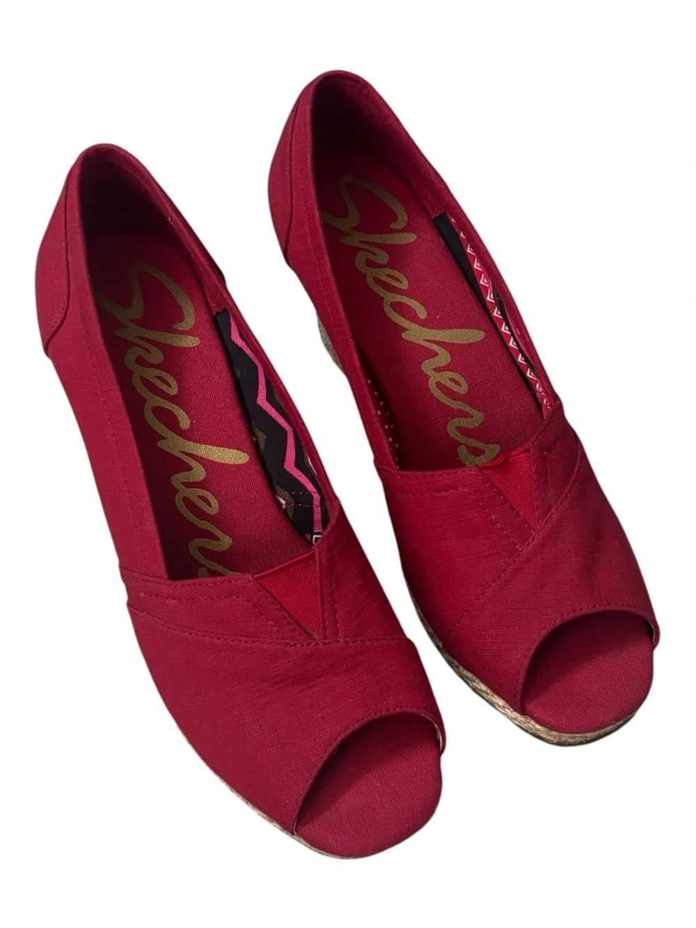 Skechers Red Cali Club Wedge Pump Peep Toe Espadrille Sz 8 Summer Crimson Heel